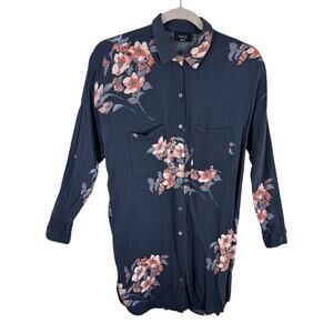 VICI Gray Floral Long Roll Tab Sleeve Collared Button Up Tunic Mini Dress Size S